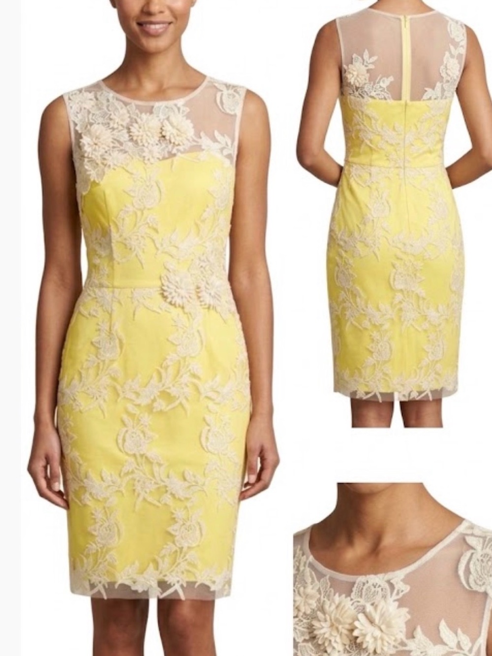 Teri Jon Yellow Floral Lace Sheer Illusion Cocktail Dress